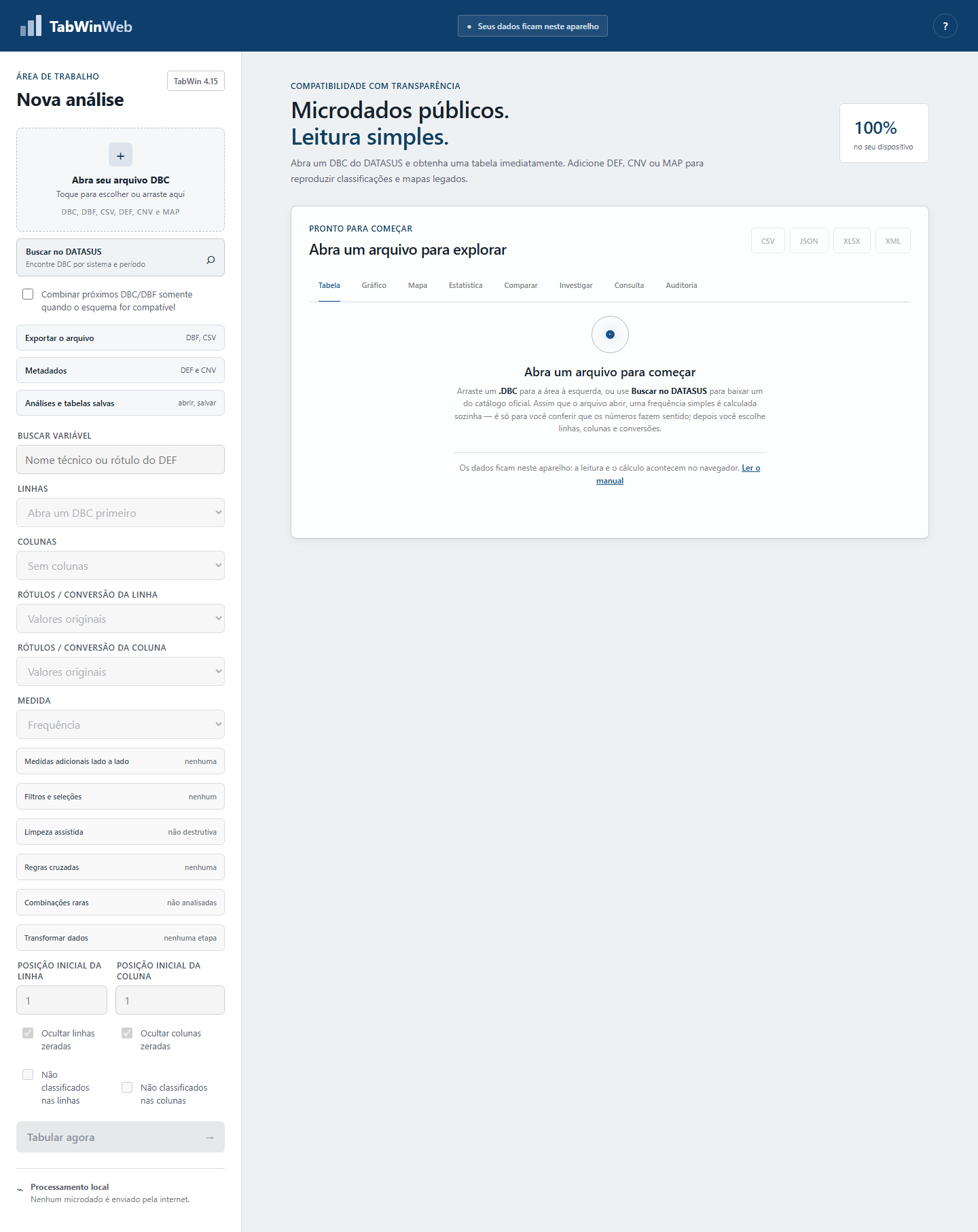 Tela inicial do TabWin Web, com a área para abrir arquivo e o painel de configuração à esquerda