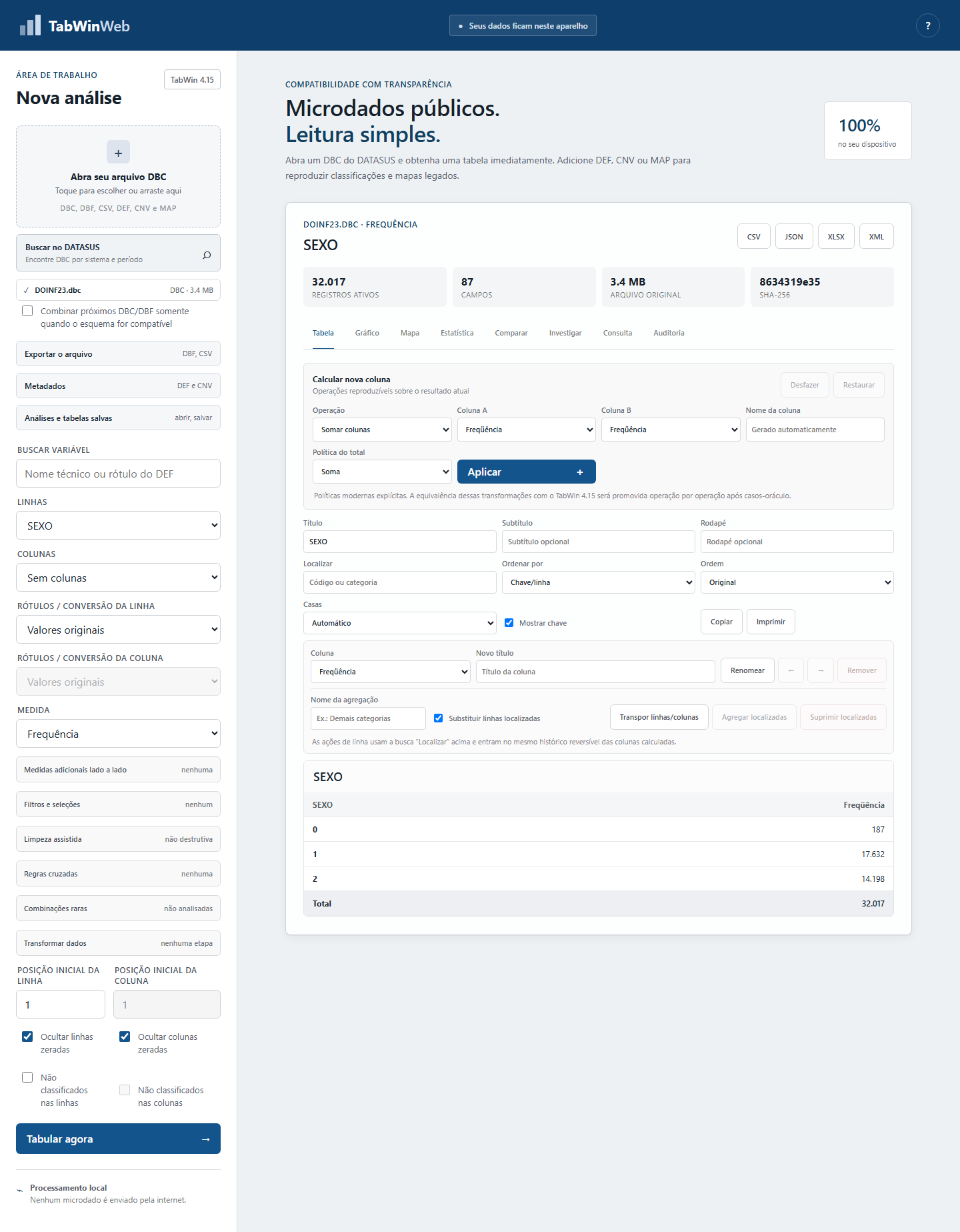 Aplicativo com o arquivo DOINF23 aberto, mostrando registros, campos, tamanho e SHA-256