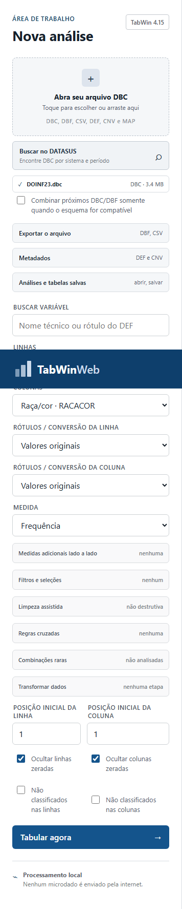 Painel lateral com linhas, colunas, medida, filtros, limpeza, regras cruzadas e transformações