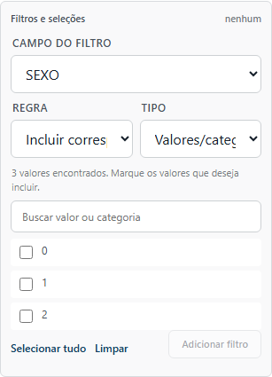 Seção de filtros e seleções aberta, com a lista de valores do campo escolhido