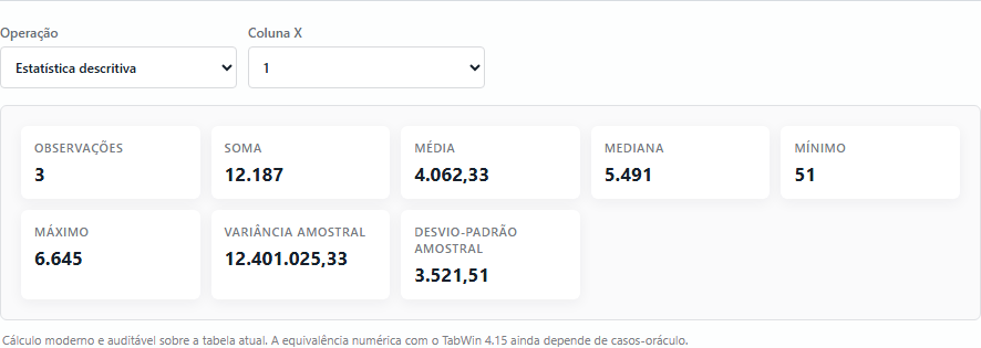 Aba de estatística com seleção de operação e colunas