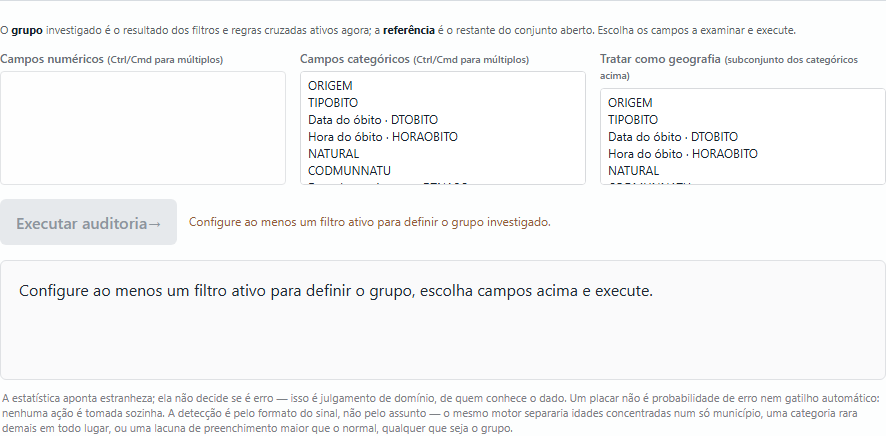 Aba investigar, com seleção de campos numéricos, categóricos e geográficos
