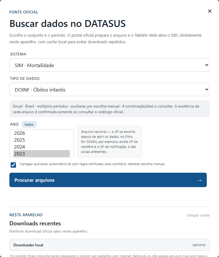 Diálogo de busca no DATASUS com sistema, tipo de dados, anos e UFs