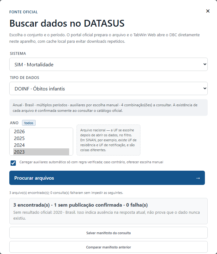 Resultados da busca no catálogo, com ações por arquivo e em lote