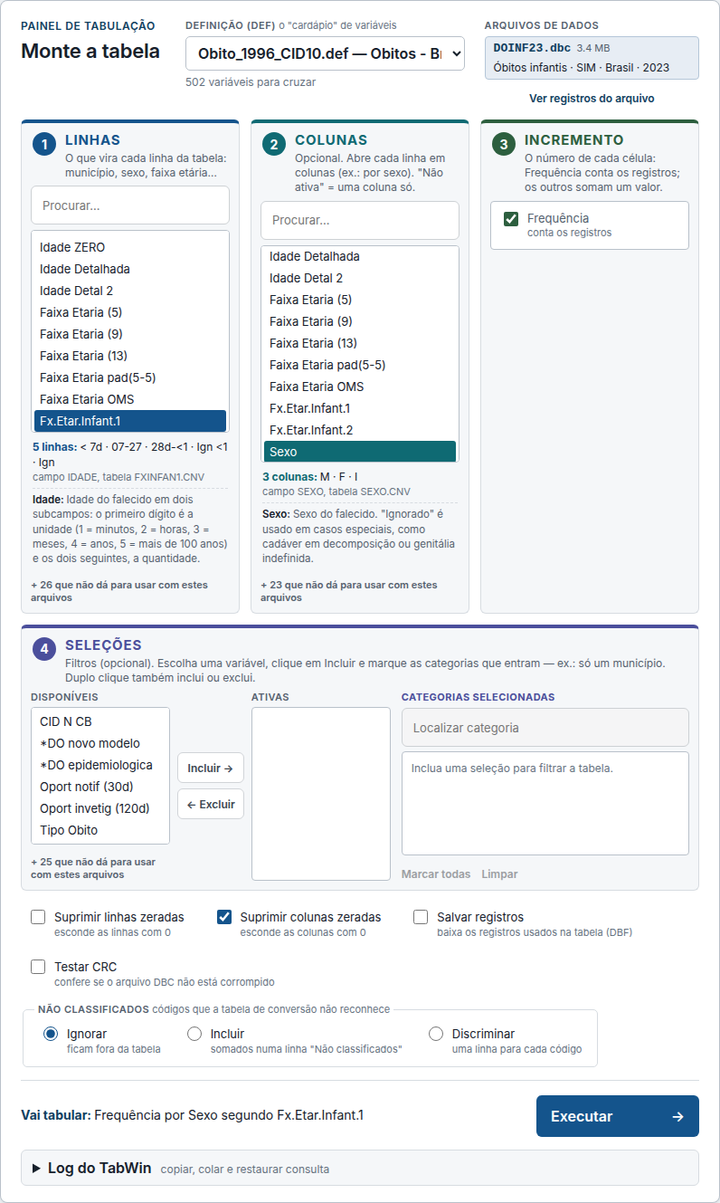 Painel de tabulação com o DEF de óbitos do SIM: Linhas em Fx.Etar.Infant.1 (5 linhas: < 7d, 07-27, 28d-<1, Ign <1, Ign), Colunas em Sexo (M, F, I), Incremento Frequência e as opções com uma frase cada